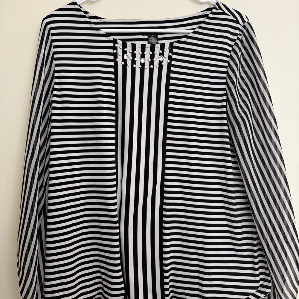 Alfani Black & White Striped Long Sleeve Top with Stud Accents - Picture 1 of 3